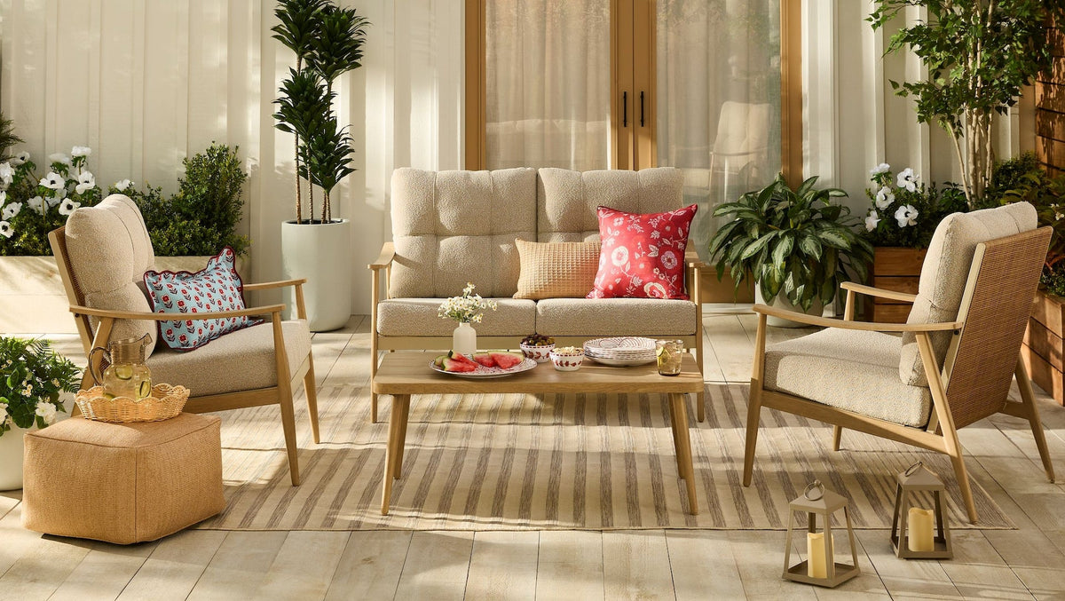 Elmvale Outdoor Patio Conversation Set with Rattan Back and Tufted Cushions, Tan, 4-pc