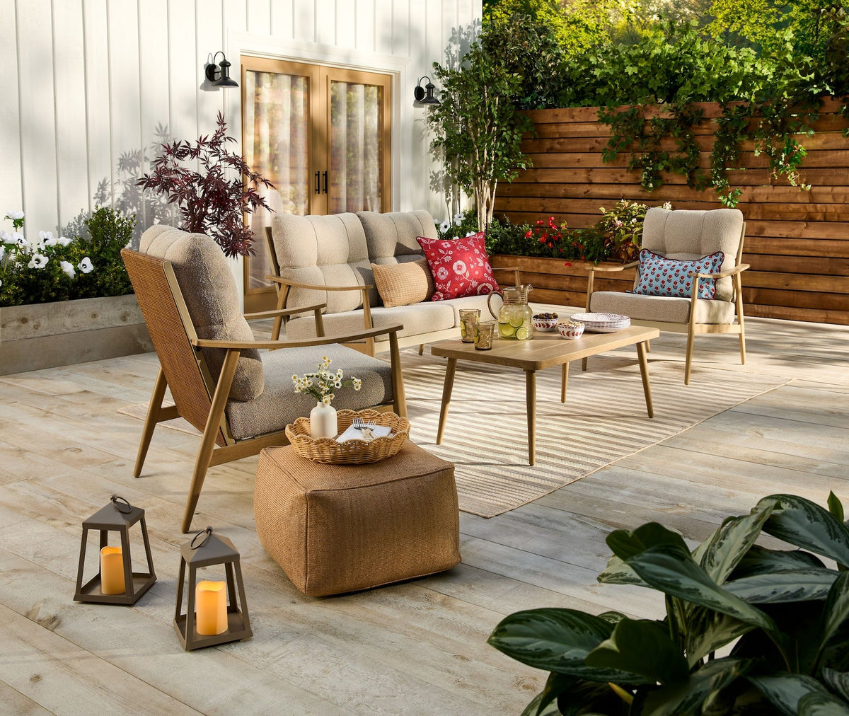 Elmvale Outdoor Patio Conversation Set with Rattan Back and Tufted Cushions, Tan, 4-pc