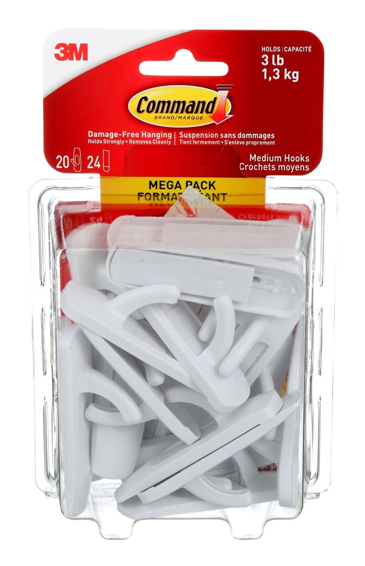 Medium Hooks Mega Pack with Adhesive Strips, White, 3-lbs, 20 Hooks/Pack