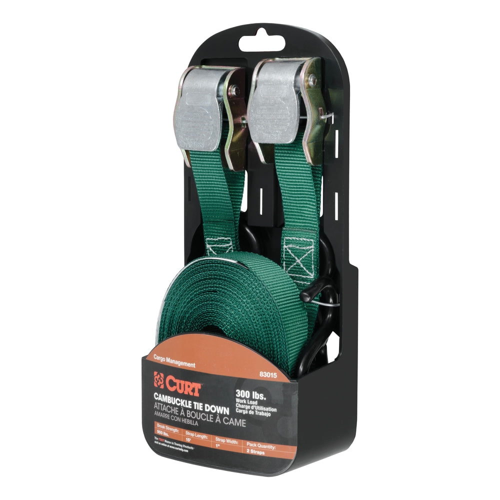 83015 Cargo Straps with S-Hooks, Dark Green, 300-lb, 15-ft, 2-pk