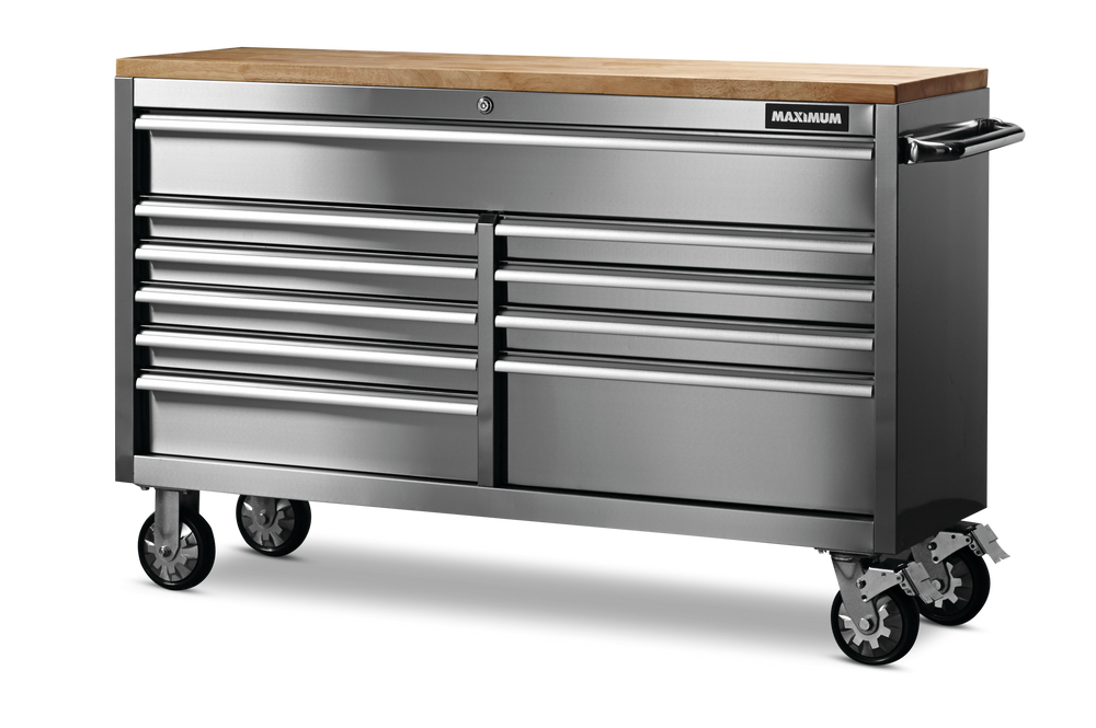 Butcher Block Top Rolling Tool Storage Cabinet with 10 Drawers, Stainless Steel, 56-in
