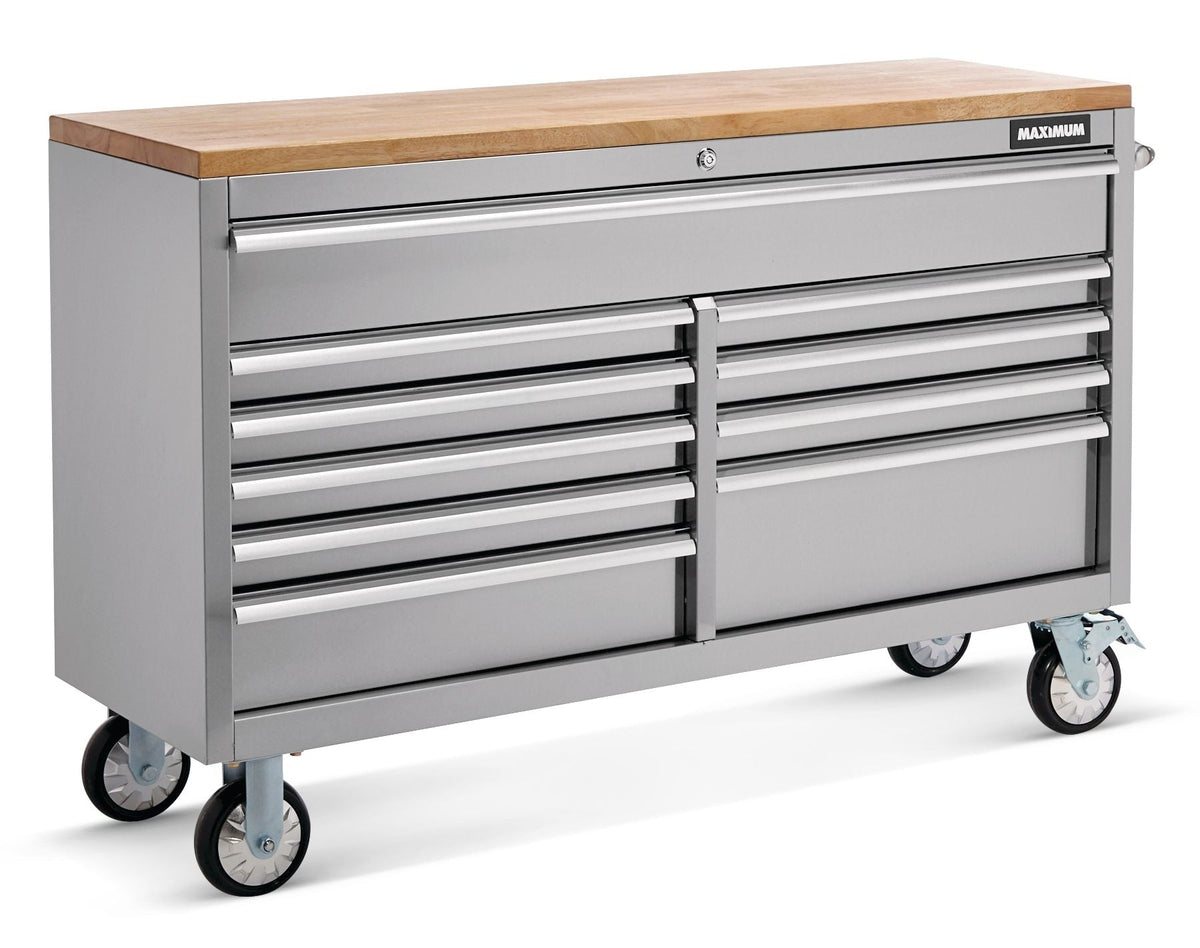 Butcher Block Top Rolling Tool Storage Cabinet with 10 Drawers, Stainless Steel, 56-in