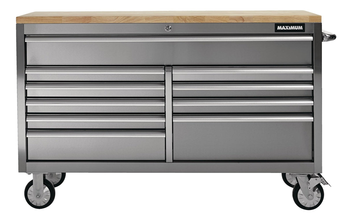 Butcher Block Top Rolling Tool Storage Cabinet with 10 Drawers, Stainless Steel, 56-in