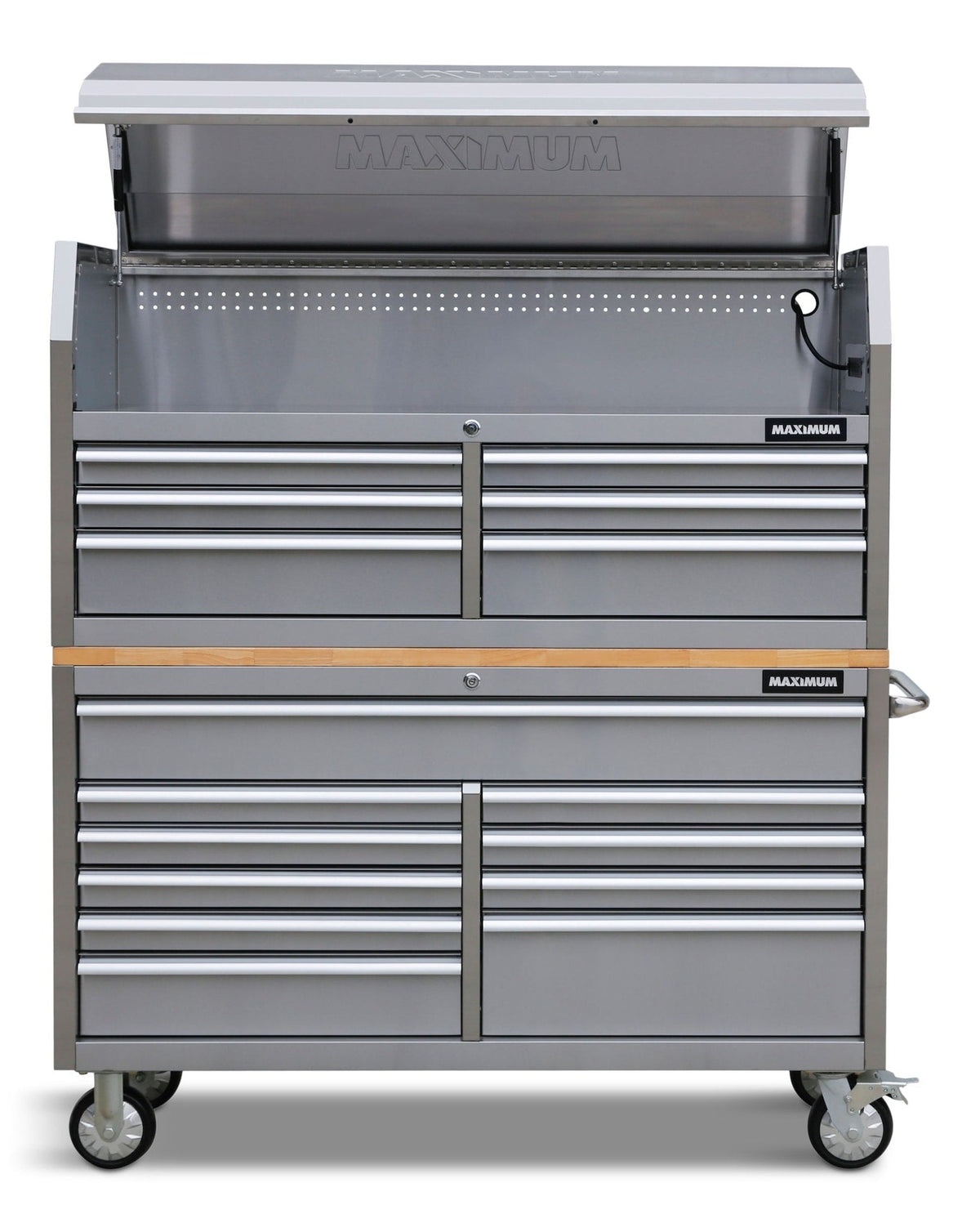 Butcher Block Top Rolling Tool Storage Cabinet with 10 Drawers, Stainless Steel, 56-in