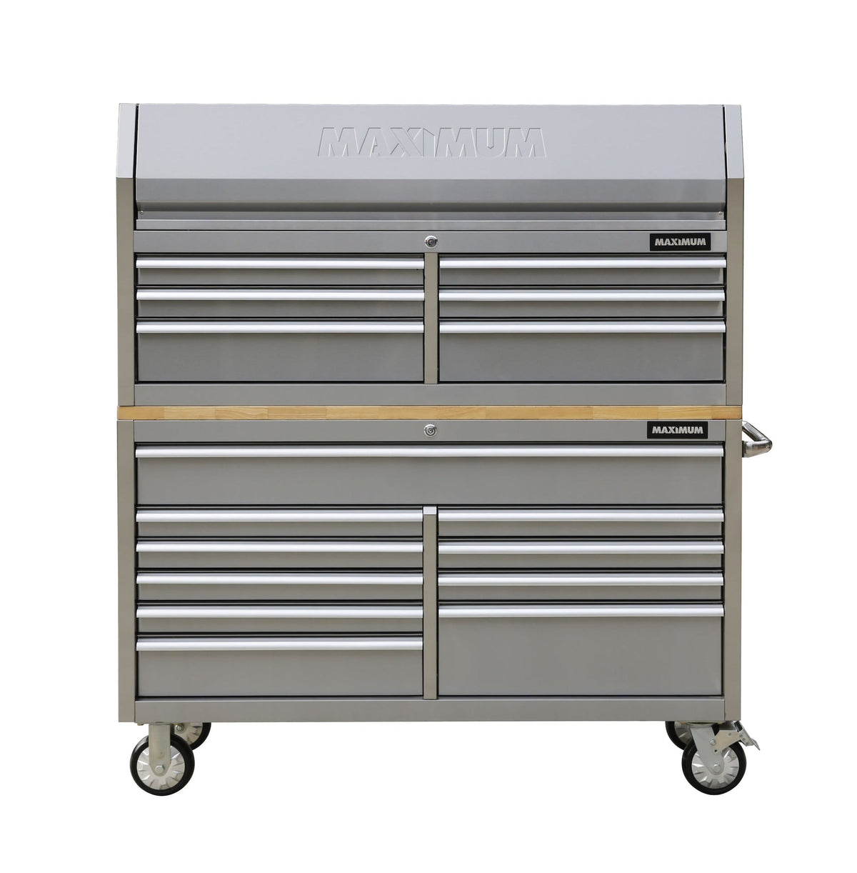 Butcher Block Top Rolling Tool Storage Cabinet with 10 Drawers, Stainless Steel, 56-in