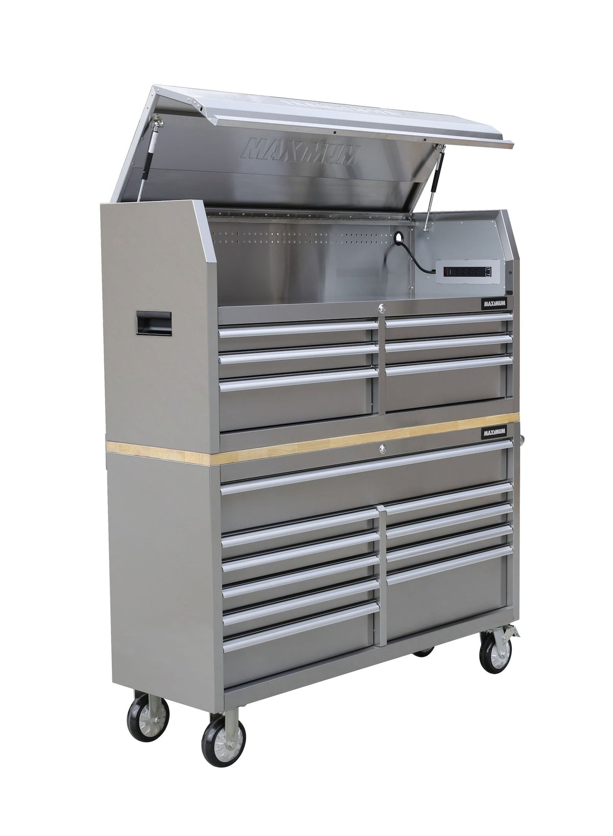 Butcher Block Top Rolling Tool Storage Cabinet with 10 Drawers, Stainless Steel, 56-in