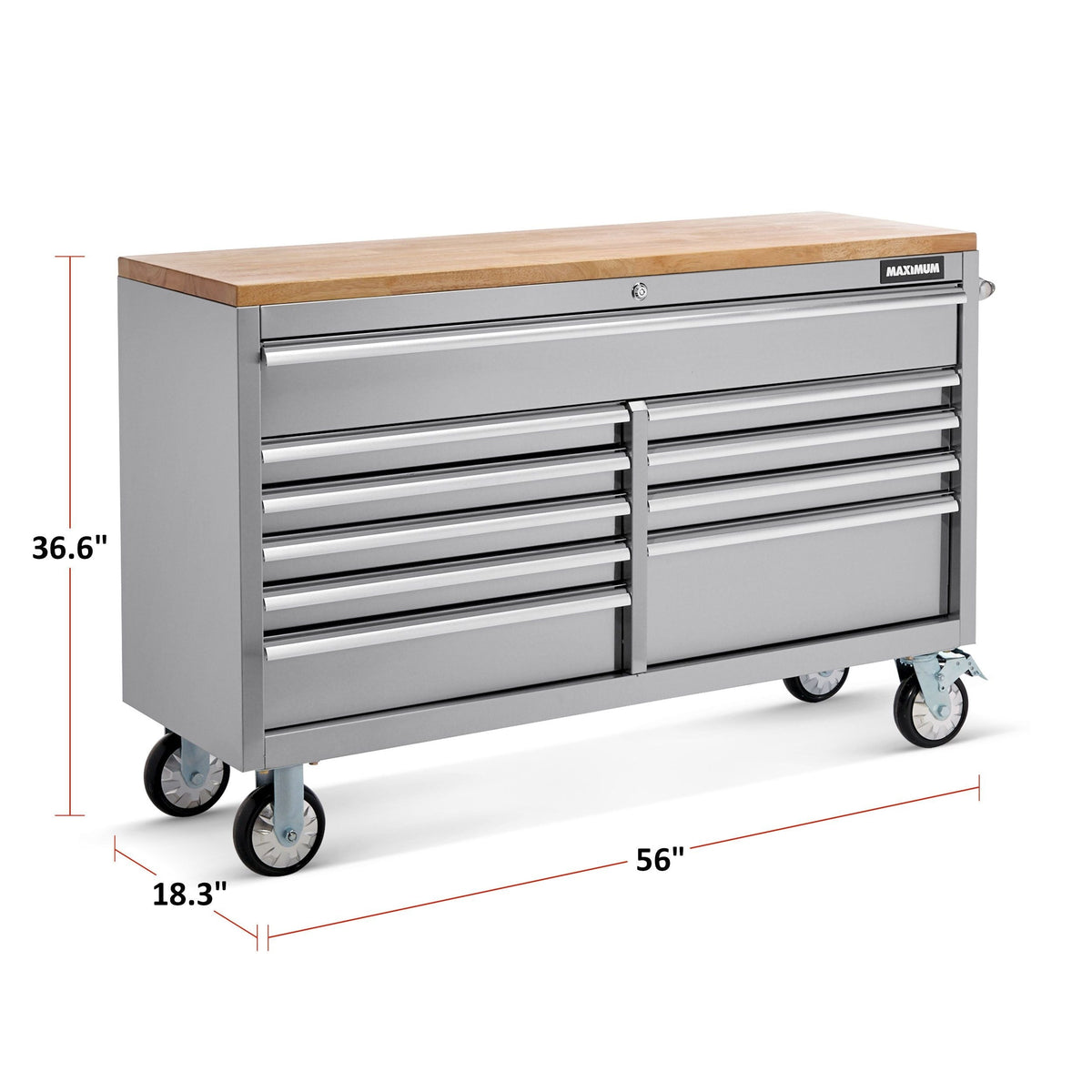 Butcher Block Top Rolling Tool Storage Cabinet with 10 Drawers, Stainless Steel, 56-in
