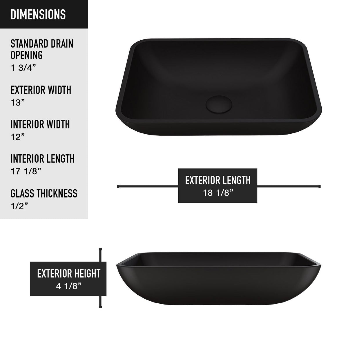 Sottile Matte Black Bathroom Sink/Basin Set with Lexington Faucet and Glass Rectangular Vessel