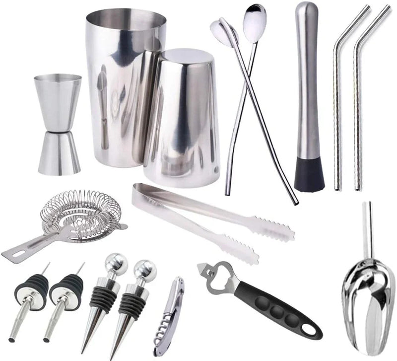 17pc Stainless Steel Cocktail Shaker Set Ice Strainer Clip Mixing Spoon Measure Cup Bar Tools Cocktail Set Can Opener Ice Shovel H2215