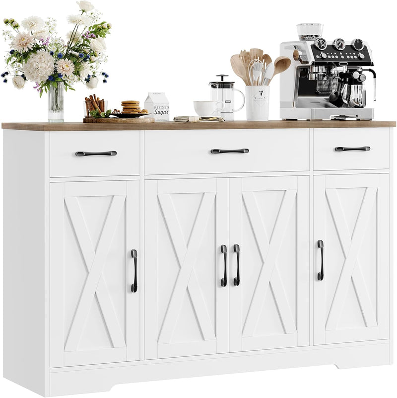 Drawer-equipped buffet-style cabinet, 55-inch large side cabinet-style storage unit with shelves and 4 doors, modern country-style coffee bar-style cabinet, wooden kitchen and dining room storage unit, white/rustic style G2168