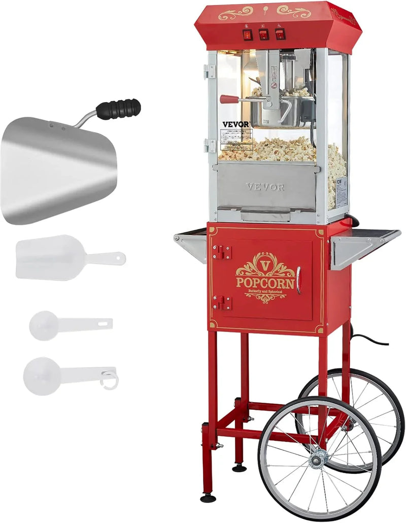 Popcorn machine, 12-ounce pot capacity, 1440-watt countertop popcorn machine, can produce 80 cups per batch, cinema-style popcorn machine, equipped with 3 switches for control, steel frame, tempered glass door, 1 pot, 2 spoons, red version B9656