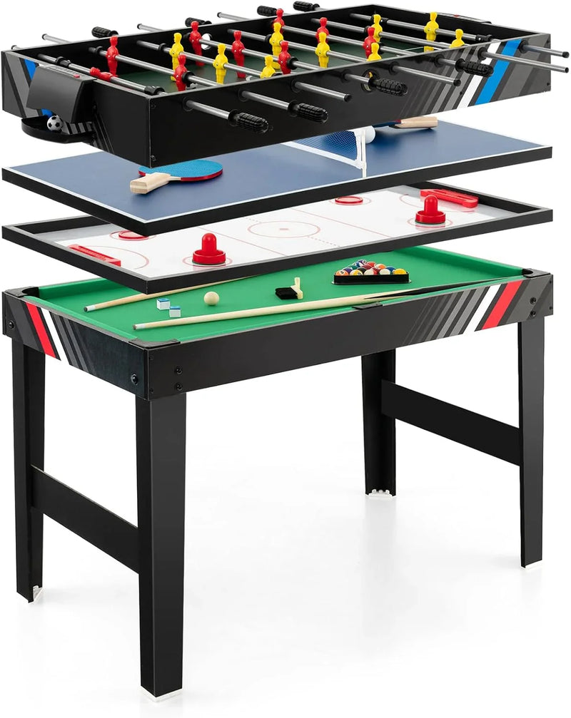 The multi-functional game table integrates a football table, a billiards table, an air curling table and a table tennis table. It is an ideal combination game table for a family game room. Y8135