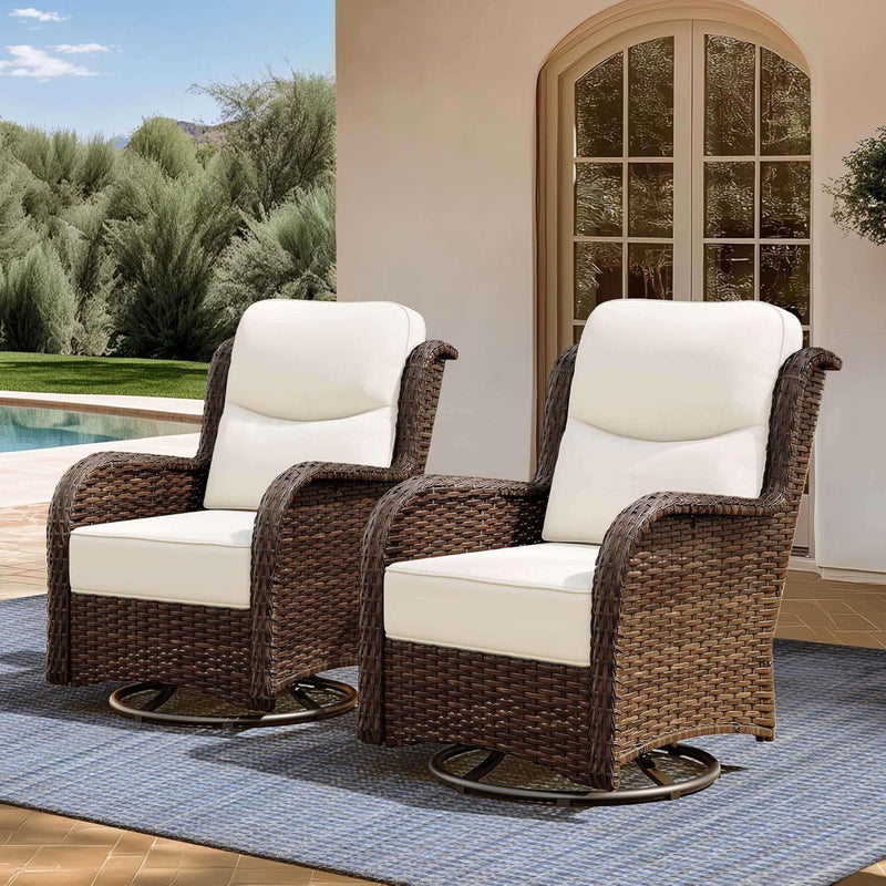 Outdoor Swivel Rocker Patio Chairs with 6-Inch Thick Cushions and Side Table, 3PCS High Back Wicker Patio Furniture Set for Porch, Balcony, Deck and Yard in Blue K4152