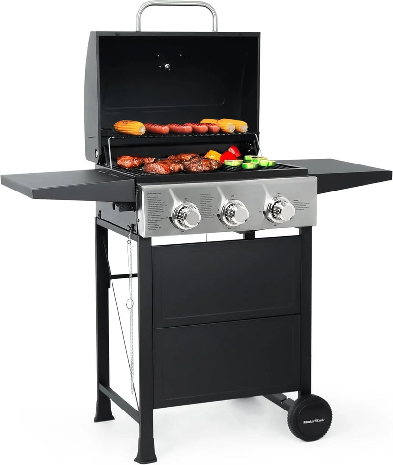 Burner BBQ Propane Gas Grill, Stainless Steel 30,000 BTU Patio Garden Barbecue Grill with Two Foldable Shelves D5632