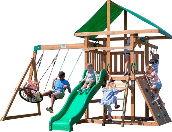 A complete set of wooden mountain-style swings, equipped with a colorful canvas sunshade, a wave slide, a rope swing, a net swing, and a rock wall with climbing ropes and ladders. C1535