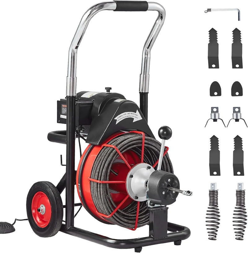 Drain Cleaner Machine 100FT x 1/2 Inch, Auto Feed Sewer Snake Auger on Wheels, 550W Portable Drain Cleaning Machine with 8 Cutters & Air-activated Foot Switch for 2" to 4" Pipes B4072