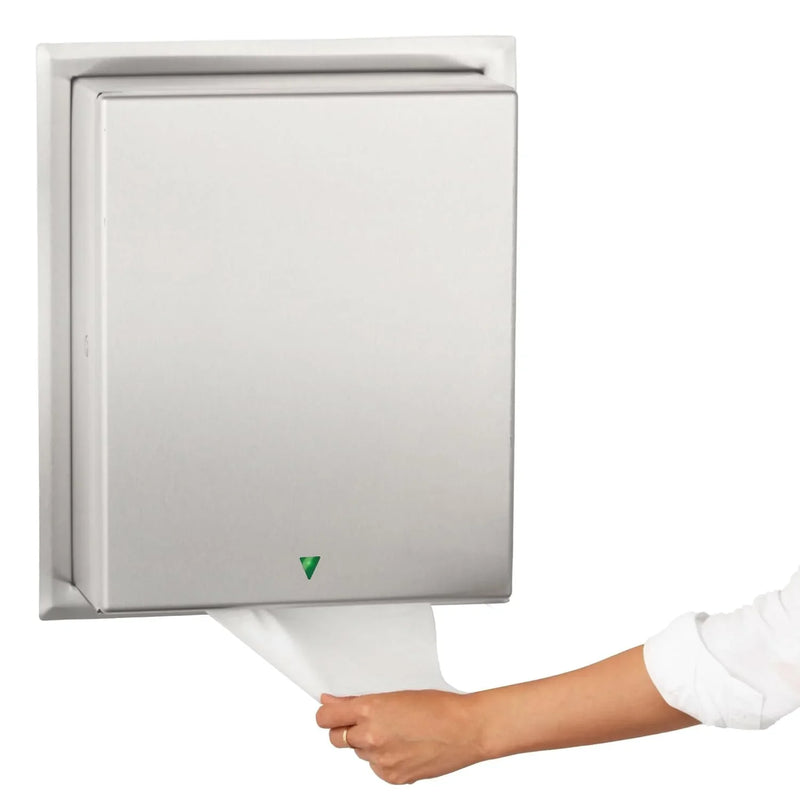 Automatic roll towel dispenser, semi-integrated design, matte stainless steel material, adjustable sensor, LED light guide, no contact operation, AC adapter/battery power supply, universal roll towel compatibility T614
