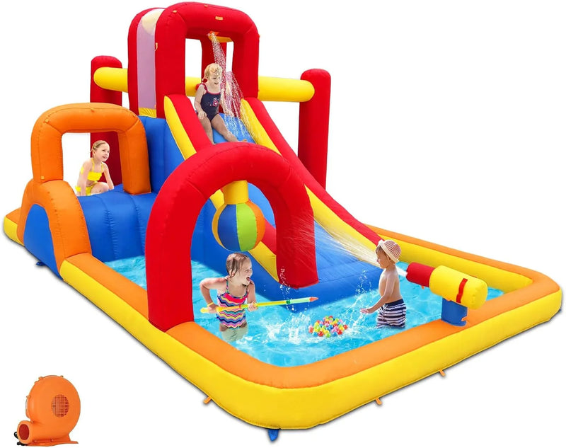Inflatable Water Slide, 10 in 1 Water Park Bounce House with Blower, Splash Pool, 2 Slides, Water Cannon, Climbing Wall, Blow up Water Slides for Kids Outdoor Backyard L1227