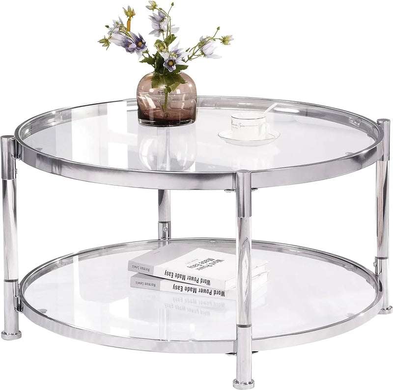 A round coffee table with a metal frame, the surface is made of chrome-plated acrylic glass. T253