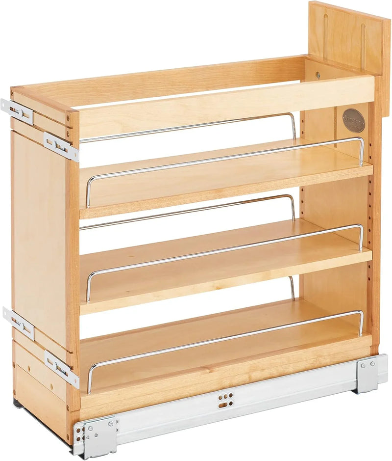 5-inch pull-out storage rack, suitable for bottom cabinets in kitchens/bathrooms, with a soft-closing slide rail for a spice rack/food storage rack, made of wood material O7695