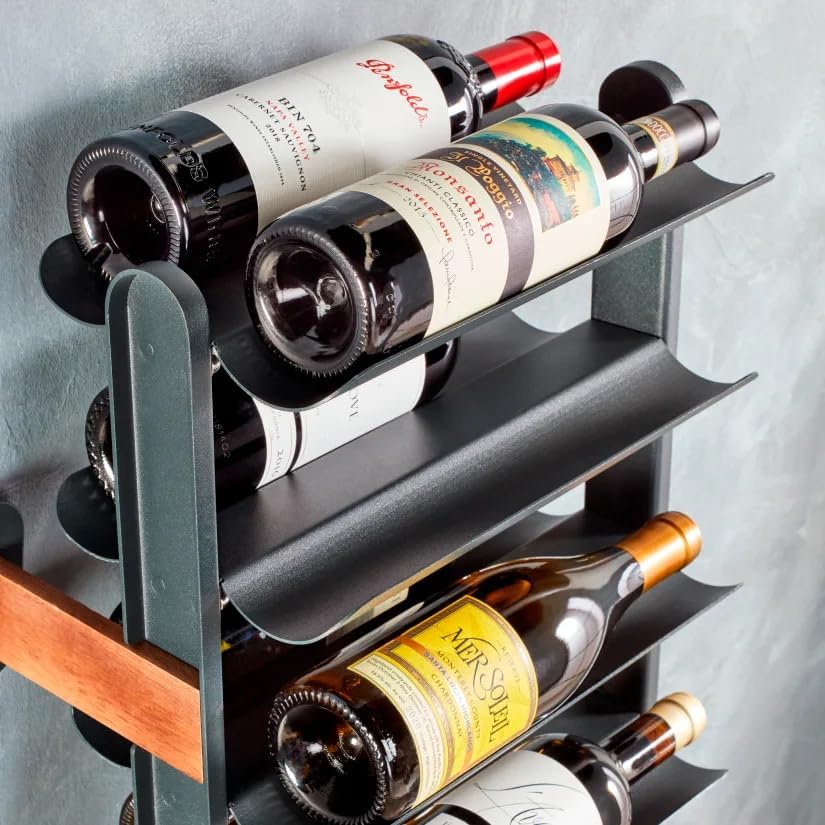 Inclined trapezoidal wine rack - 37 wall-mounted wine storage display shelves - Mango wood and metal combined bar cabinet wine shelves - Modern kitchen and dining room decoration organizing furniture