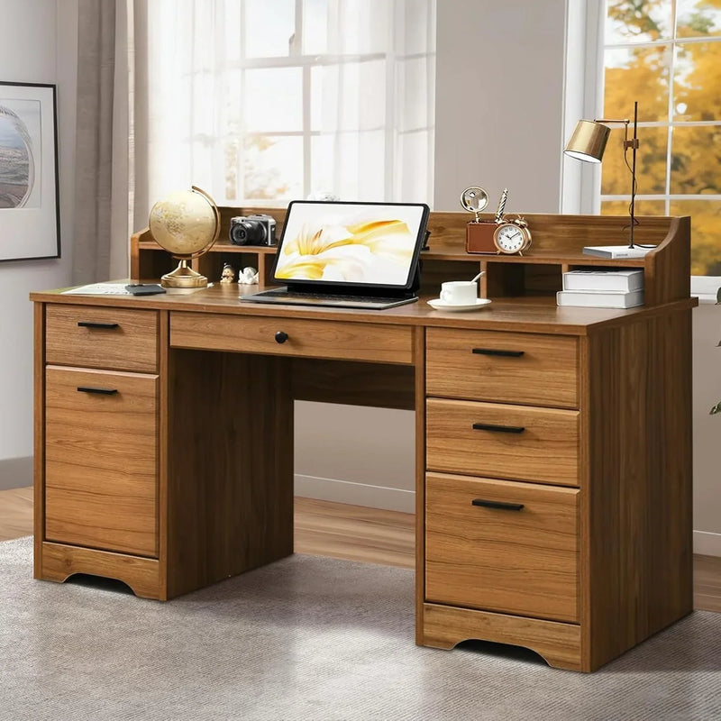 Executive Desk with Drawers, 58 Inch Desk with Storage, Wood Executive Desk with 6 Drawers, Study Desk for Bedroom, Business Furniture Desk with File Cabinet, Vintage Brown P3326