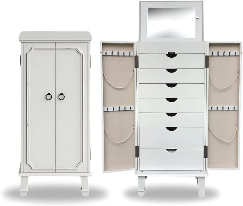 Hives and Honey Cabby Standing Jewelry Armoire – Fully Locking Wood Jewelry Storage with Mirror, 7 Drawers, Necklace Hooks, and Anti-Tarnish Lining — Turquoise K8847