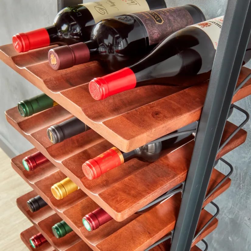 Inclined trapezoidal wine rack - 37 wall-mounted wine storage display shelves - Mango wood and metal combined bar cabinet wine shelves - Modern kitchen and dining room decoration organizing furniture