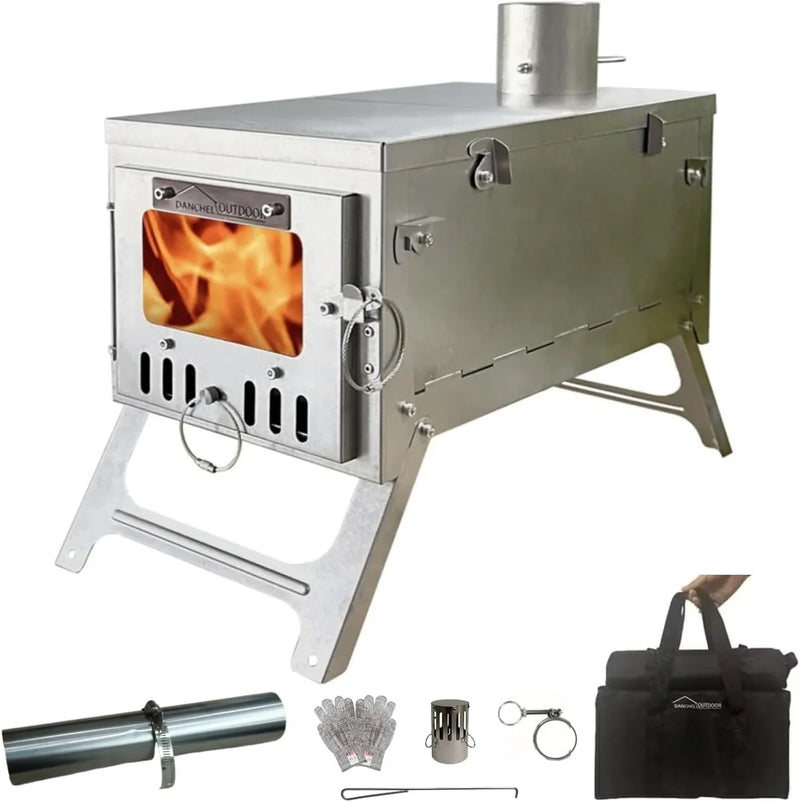 Titanium alloy tent wood stove for camping, 2 kilograms, foldable, lightweight and compact portable heat tent stove, comes with a 2.2-meter chimney, suitable for winter backpacking camping. V4245