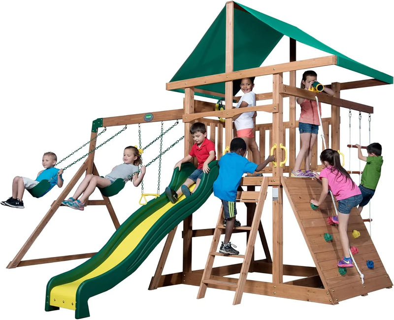 Mount Mckinley Cedar Wood Swing Set with Wave Slide, Play Deck, Double Rock Wall, Rope Ladder, Web Swing, Belt Swings, Toy Telescope, Steering Wheel, Sandbox Area, Outdoor Playset C2386