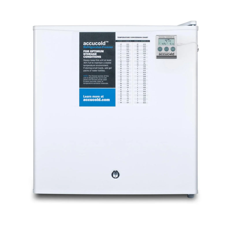 Compact refrigerator freezer, suitable for general use, with a white appearance, equipped with a NIST calibrated thermometer, manual defrosting device, hospital-grade power cord and front locking mechanism. A8083