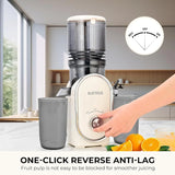 Cold press juicer, 5.3-inch feed opening, slow-speed mixing type machine, power 300 watts, capable of extracting whole fruits and vegetables, easy to clean, high juice output, white appearance