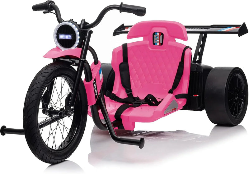 Children's electric drift tricycle, three-wheel electric drifting bicycle, equipped with LED lights, 16-inch inflatable tires, battery-powered, suitable for boys and girls aged 8 and above, outdoor electric driving vehicle (black) Q1257