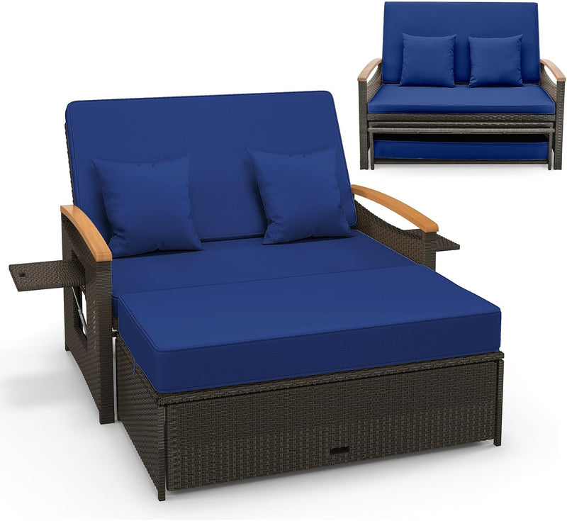 Moccha Outdoor Wicker Daybed, Patio Rattan Loveseat Sofa w/ 4-Level Adjustable Backrest, Folding Panels, Storage Ottoman & Cushions, Lounge Furniture Set for Poolside Backyard Porch (Beige) G1169