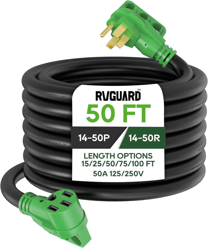 50 Amp 50 Foot RV/EV Extension Cord, NEMA 14-50P/R Heavy Duty Extension Cord with LED Power Indicator and Cord Organizer, Green, ETL Listed F8086