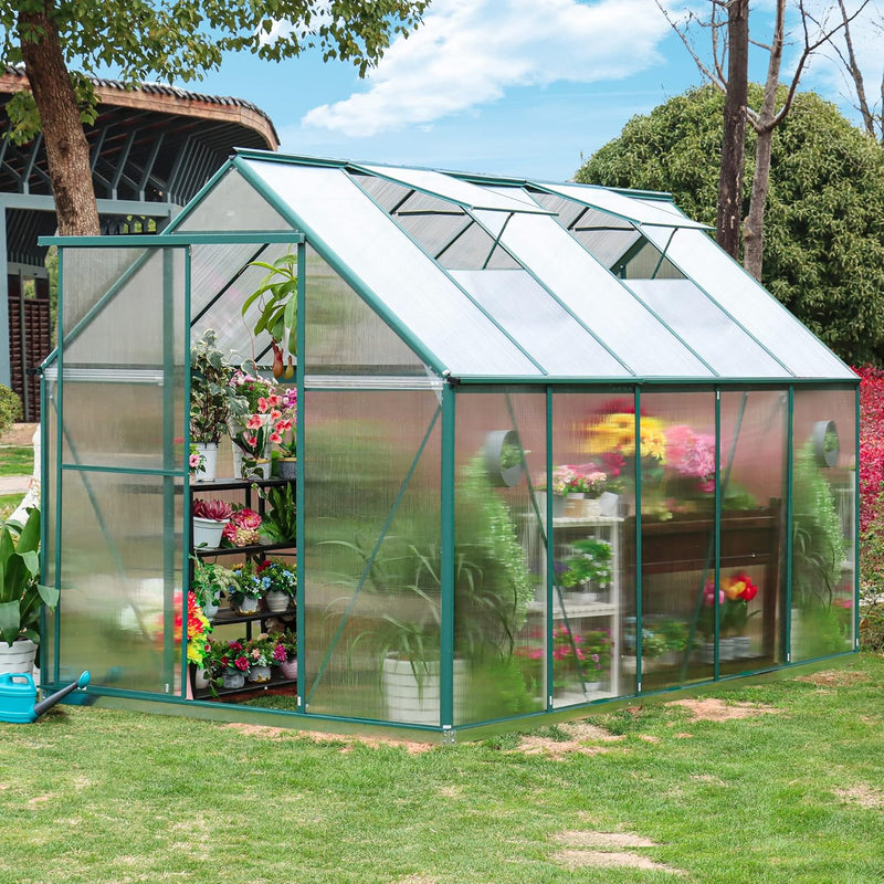 6'x10' Walk-in Greenhouse with 4mm 800G Polycarbonate Panels - Heavy-Duty Aluminum Frame, Wind/Snow Resistant for Gardening, Includes Sliding Door & Ventilation Windows (Green) Q5486