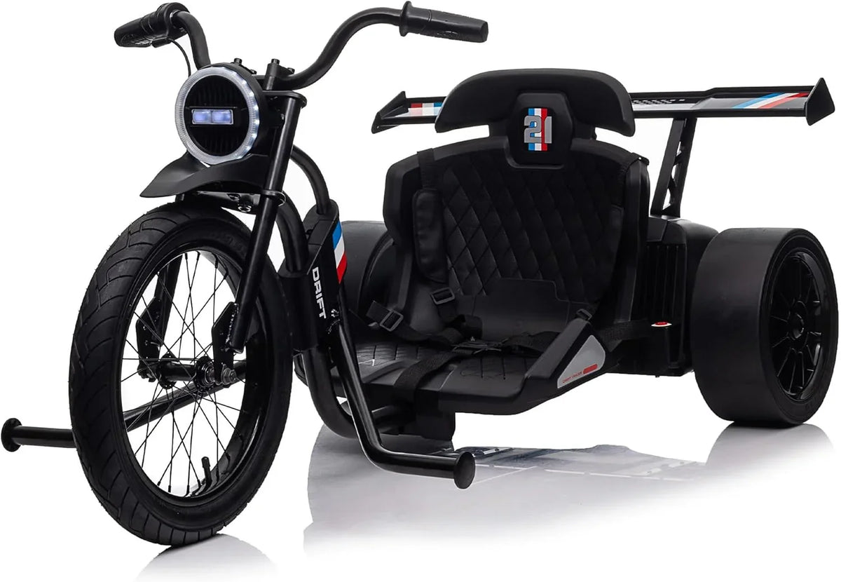 Children's electric drift tricycle, three-wheel electric drifting bicycle, equipped with LED lights, 16-inch inflatable tires, battery-powered, suitable for boys and girls aged 8 and above, outdoor electric driving vehicle (black)