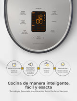 Electric rice cooker with 6-cup capacity (uncooked) / 12-cup capacity (cooked), modern fuzzy logic control, featuring timer function and insulation setting, compact model, multi-functional steamer, non-stick inner liner, gray exterior.