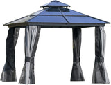 10 feet x 12 feet hard-top awning canopy, polycarbonate roof, aluminum frame, permanent outdoor awning, with net cover, suitable for patios, gardens, backyards, terraces, lawns, grasslands, light gray.