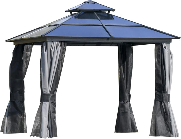 10 feet x 12 feet hard-top awning canopy, polycarbonate roof, aluminum frame, permanent outdoor awning, with net cover, suitable for patios, gardens, backyards, terraces, lawns, grasslands, light gray. I2510