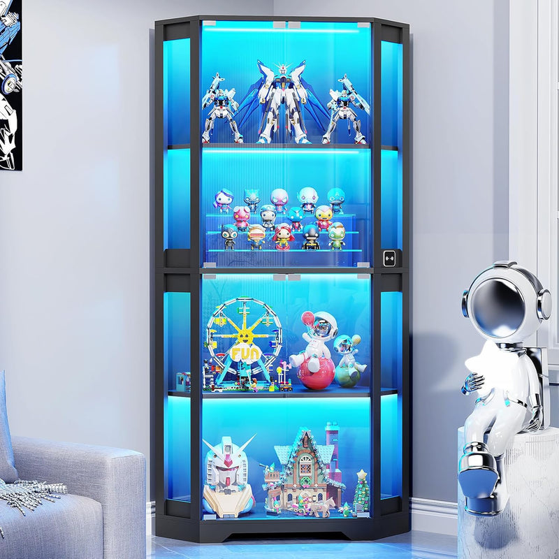 Corner Display Cabinet with Glass Doors, 65" Lighted Curio Cabinet with 3 Color Lights for Collectibles, 4-Tier Display Case Bookcase with Human Body Sensor for Toys, Books, Trophy, Black S4393