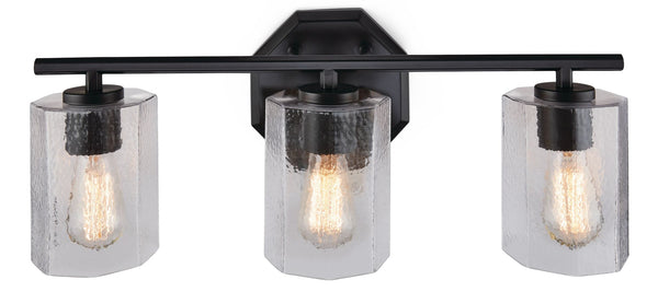 Bridgewater 3-Light Vanity Light Fixture with Rippled Glass Shade, Black O2084