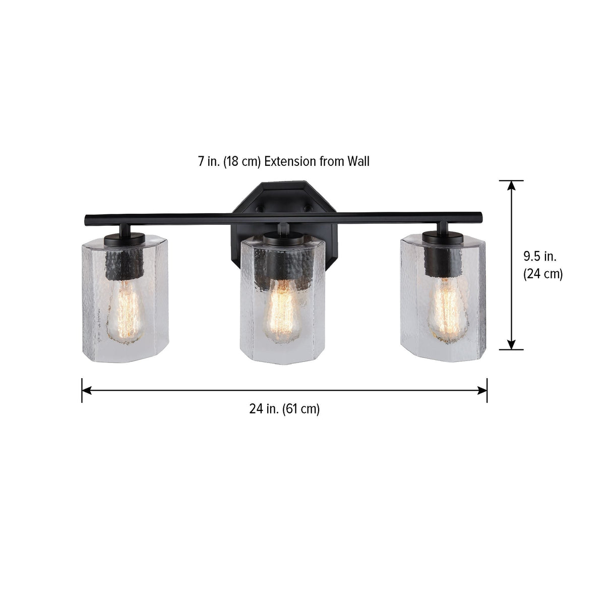 Bridgewater 3-Light Vanity Light Fixture with Rippled Glass Shade, Black