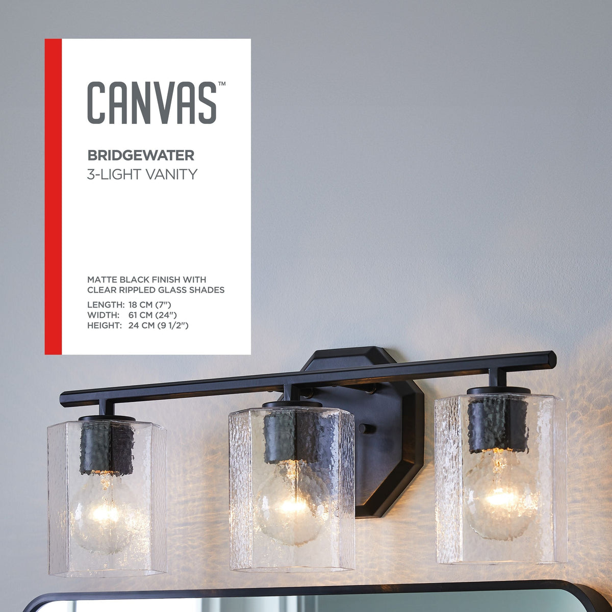 Bridgewater 3-Light Vanity Light Fixture with Rippled Glass Shade, Black