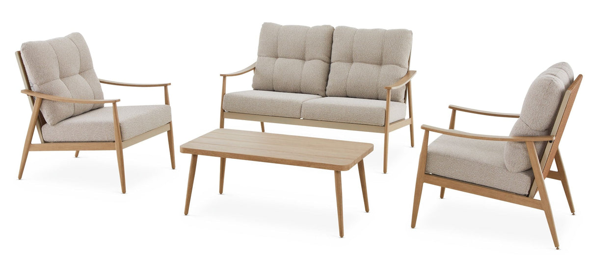 Elmvale Outdoor Patio Conversation Set with Rattan Back and Tufted Cushions, Tan, 4-pc