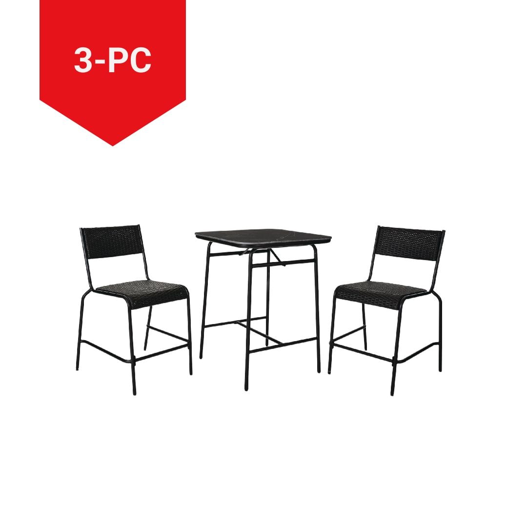 Kensington Outdoor Patio High Dining Set with Stone Table Top, Black, 3-pc
