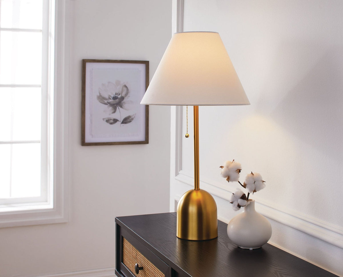 White Linen Cone Shade Table Lamp, 22-in, Antique Brass