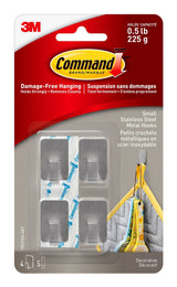 Small Stainless Steel Metal Hooks with Adhesive Strips, Silver, 0.5-lbs, 4 Strips per Pack