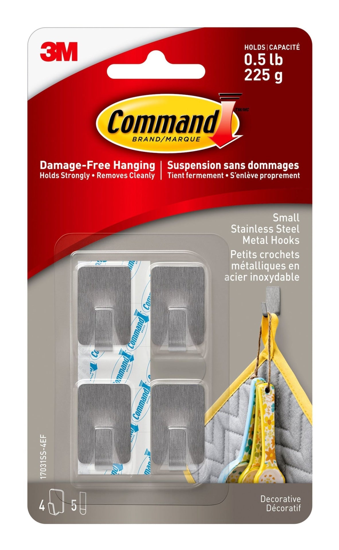Small Stainless Steel Metal Hooks with Adhesive Strips, Silver, 0.5-lbs, 4 Strips per Pack