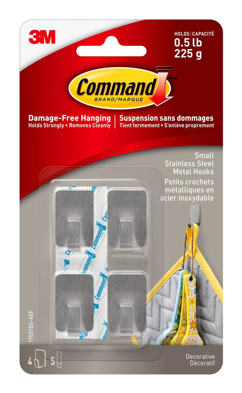 Small Stainless Steel Metal Hooks with Adhesive Strips, Silver, 0.5-lbs, 4 Strips per Pack J7724